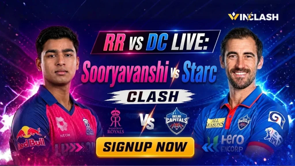 RR vs DC Live, Vaibhav Sooryavanshi vs Mitchell Starc, Powerplay Carnage, RR vs DC head to head, Winclash live score